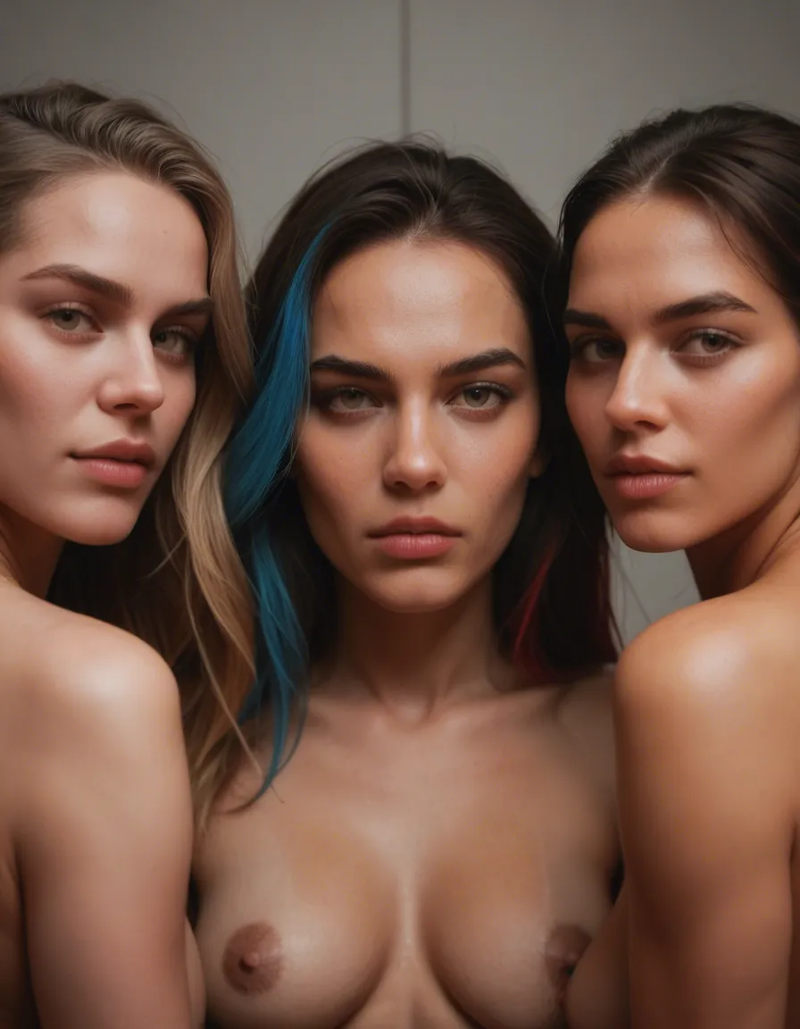 studio quality, sharp focus, 5women, two-tone hair, official alternate costume, presenting, photorealistic, score_9, score_8, candid photo, realistic skin texture, visible skin pores, film grain, depth of field