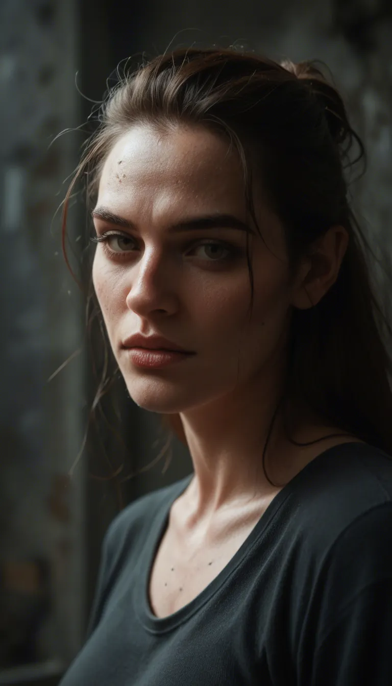 a raw, visceral scene of intense power imbalance and overwhelming desire, captured in a dimly lit, industrial loft with cold concrete walls and harsh overhead fluorescent flickering. The woman is pinned face-down against a heavy, scarred wooden workbench, her body arched in a desperate, involuntary curve of submission and pleasure. Her fingers are white-knuckled, gripping the edge of the wood so hard her nails are digging into the grain, while her face is turned to the side, eyes rolled back and mouth parted in a silent, breathless gasp. The man is a silhouette of dominant force behind her, his large, calloused hands gripping her hips with a bruising intensity, anchoring her firmly to the table to maximize the depth of his penetration. Every muscle in his forearm is corded and strained, showing the sheer physical effort of the forceful, rhythmic driving motion. The composition is a tight, claustrophobic crop that emphasizes the friction and heat; sweat glistens on their skin under the sterile light, and the blurred motion of the impact suggests a relentless, pounding pace that leaves her completely overtaken by the sheer scale of his physicality.