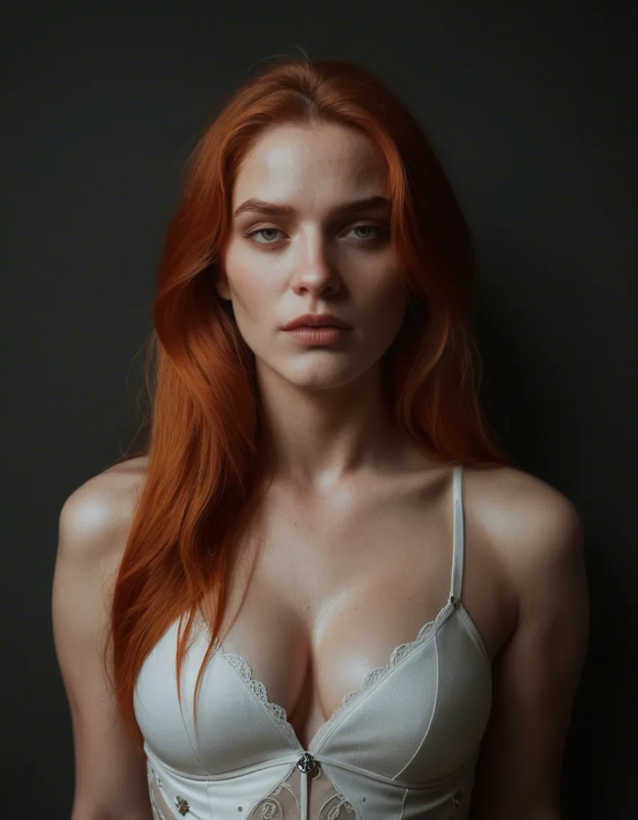 dslr, film grain, photorealistic, redhead woman, white hair, dress, creampie, film photography, score_9, score_8, amateur photo, phone snapshot, realistic skin texture, skin blemishes, soft indoor lighting