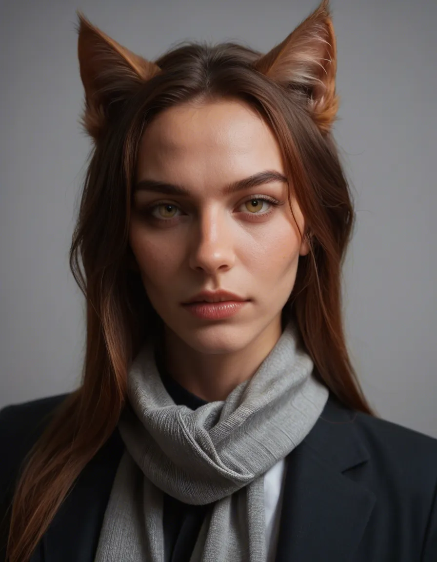 best quality, hyperrealistic, catgirl, scarf, office wear, holding, futanari, grey background, close-up, cool tones, 8k uhd photo, score_9, score_8, candid photo, realistic skin texture, visible skin pores, film grain, depth of field