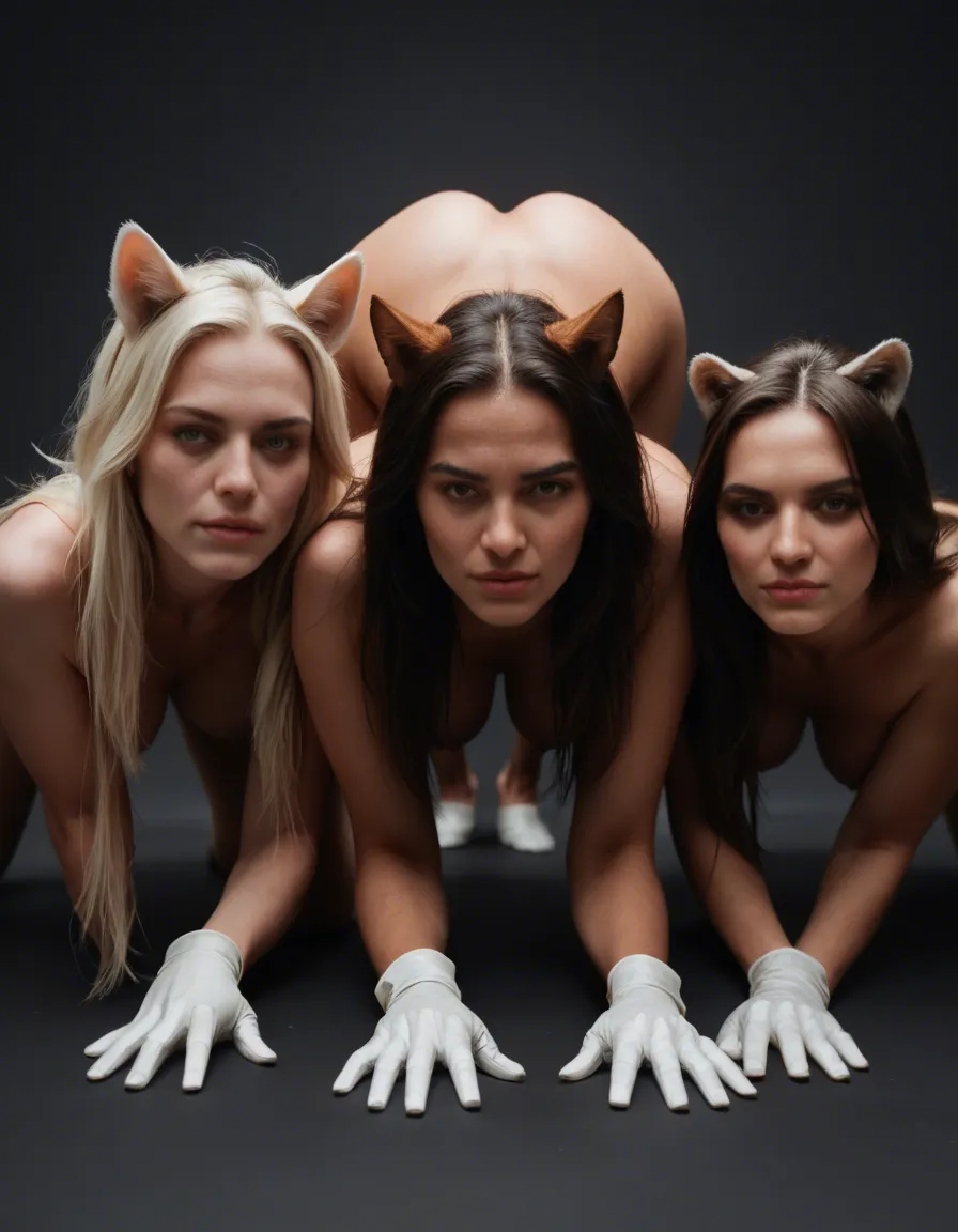 best quality, hyperrealistic, 4women, animal ears, white gloves, bent over, transparent background, over the shoulder, warm tones, photorealistic, score_9, score_8, candid photo, realistic skin texture, visible skin pores, film grain, depth of field, score_9, score_8, candid photo, realistic skin texture, visible skin pores, film grain, depth of field, score_9, score_8, candid photo, realistic skin texture, visible skin pores, film grain, depth of field