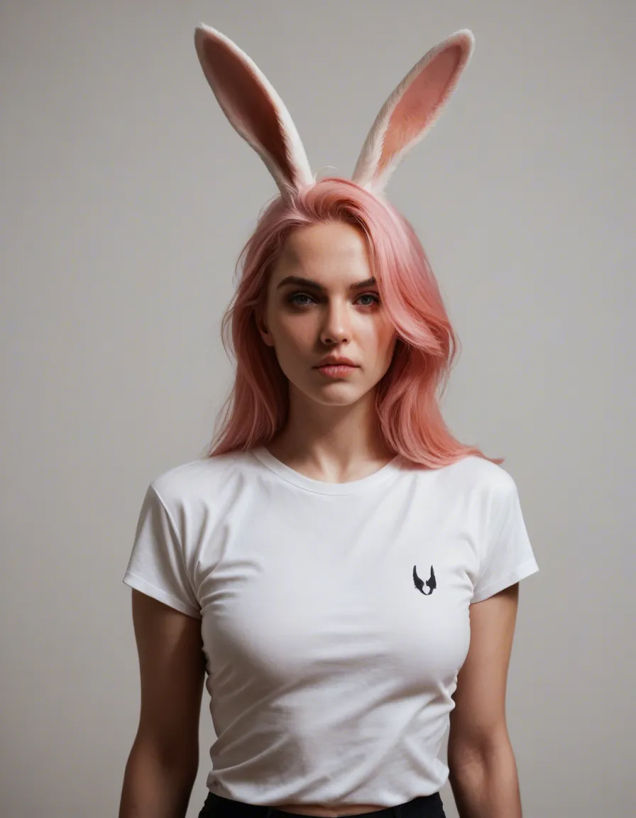 ultra HD, lifelike, bunny woman, pink hair, shirt, bondage, photorealistic, score_9, score_8, candid photo, realistic skin texture, visible skin pores, film grain, depth of field