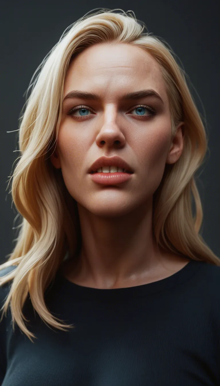 an older (mid-50's) long-wavy-haired blonde wife with a high forehead, blue bulging eyes, big nose, full lips, big teeth, long face, big natural sagging breasts with oversized pink areolas and enormous oversized thick hard nipples is laughing at me calling me a sissy