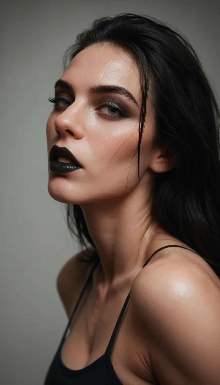 Goth woman with black lipstick using a big industrial vacuum cleaner to suck on a woman her plumped wet shiny lips
