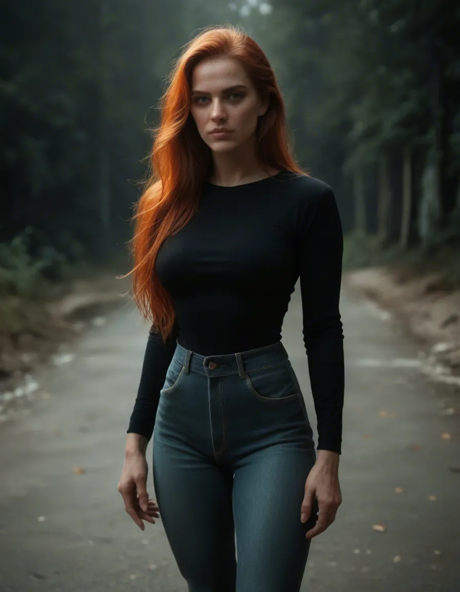best quality, hyperrealistic, redhead woman, very long hair, pants, futanari, ambient glow, film photography, score_9, score_8, candid photo, realistic skin texture, visible skin pores, film grain, depth of field