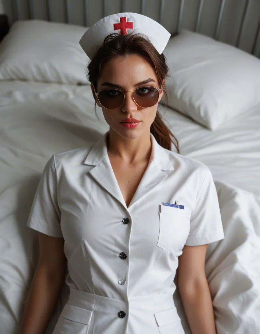 professional photo, high detail, from above, nurse, presenting, sunglasses, on bed, smoldering look, studio photo, score_9, score_8, candid photo, realistic skin texture, visible skin pores, film grain, depth of field
