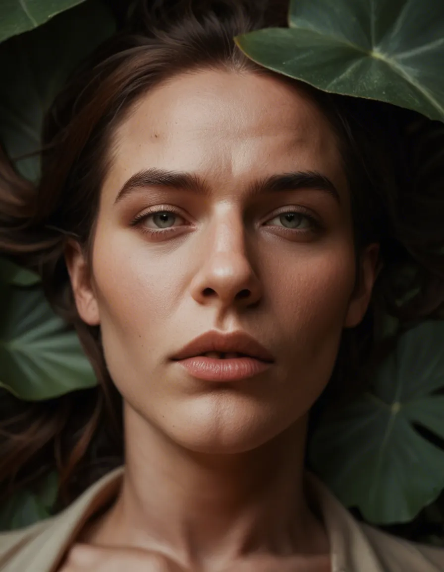 dslr, film grain, photorealistic, male focus, missionary, lips, plant, dominant stare, 8k uhd photo, score_9, score_8, candid photo, realistic skin texture, visible skin pores, film grain, depth of field