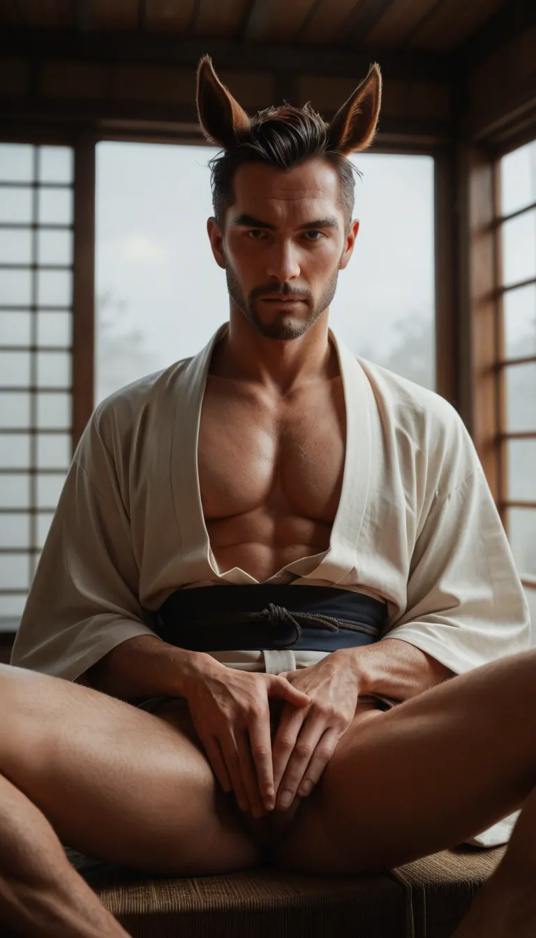 8k, sharp focus, detailed skin, 1boy, horse ears, japanese clothes, spread legs, transparent background, window light, lifelike render