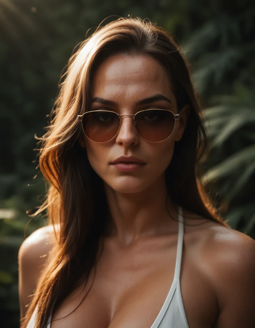 highly detailed, natural lighting, mature female, futanari, sunglasses, mysterious vibe, natural skin texture, score_9, score_8, candid photo, realistic skin texture, visible skin pores, film grain, depth of field