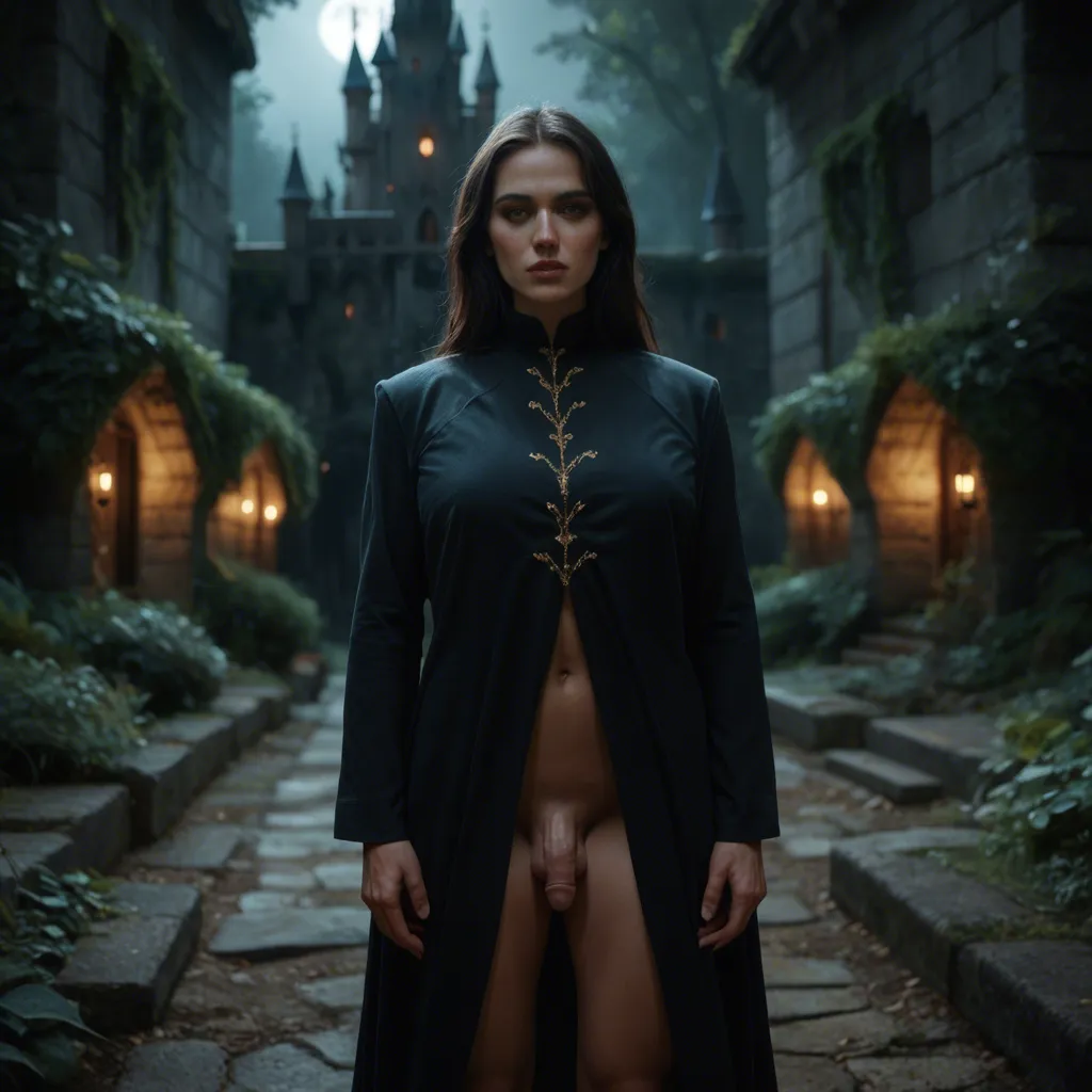 midnight, dark age castle garden, outdoors , moonlight, volumetric lights, 1futa, 1man, the futa have a very small flaccid penis, long blonde hair, skinny, abs, the man is a black haired skinny dude with big penis, both have, male on futa, missionary anal sex, the futa lays an her back and gets anal fucked by the dude