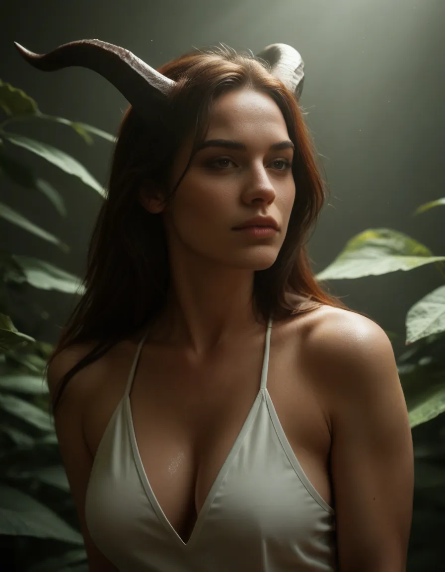 professional photo, high detail, solo female, bare arms, horns, futanari, leaf, spotlight, photorealistic, score_9, score_8, candid photo, realistic skin texture, visible skin pores, film grain, depth of field