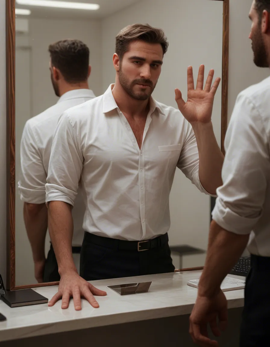 ultra HD, lifelike, 2boys, hands up, office wear, mirror reflection, creampie, three-quarter view, golden hour, dslr quality, score_9, score_8, candid photo, realistic skin texture, visible skin pores, film grain, depth of field