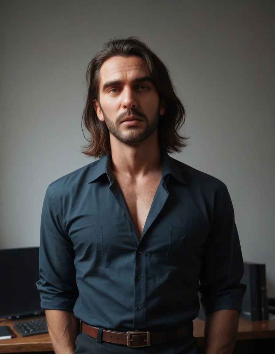RAW photo, ultra realistic, male focus, medium hair, office wear, bondage, rim light, hyperrealistic, score_9, score_8, candid photo, realistic skin texture, visible skin pores, film grain, depth of field
