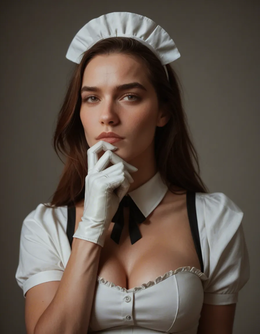 dslr, film grain, photorealistic, maid, white gloves, presenting, hyperrealistic, score_9, score_8, candid photo, realistic skin texture, visible skin pores, film grain, depth of field