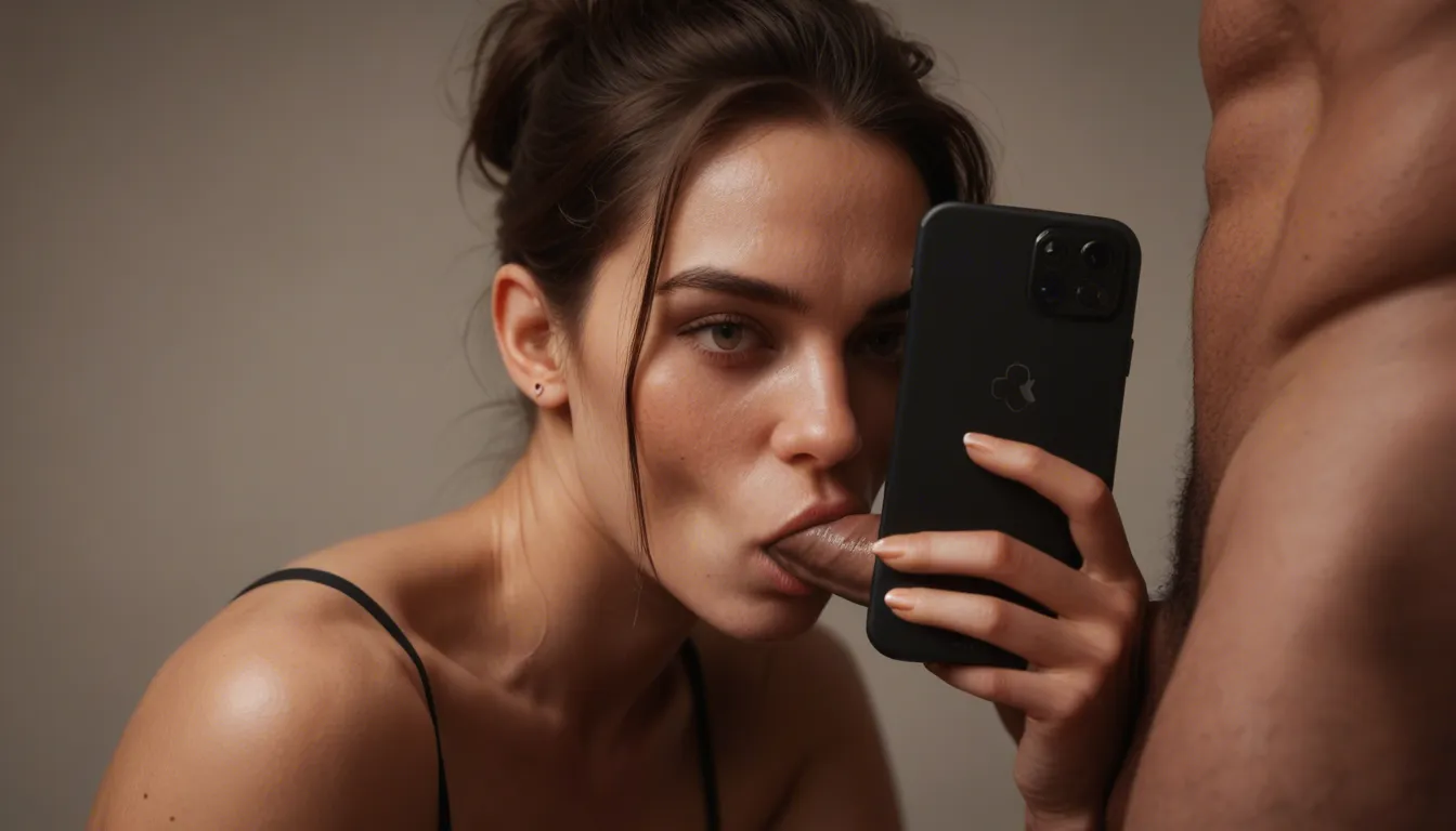 she sucks a cock until she's at the phone, score_9, score_8, candid photo, realistic skin texture, visible skin pores, film grain, depth of field
