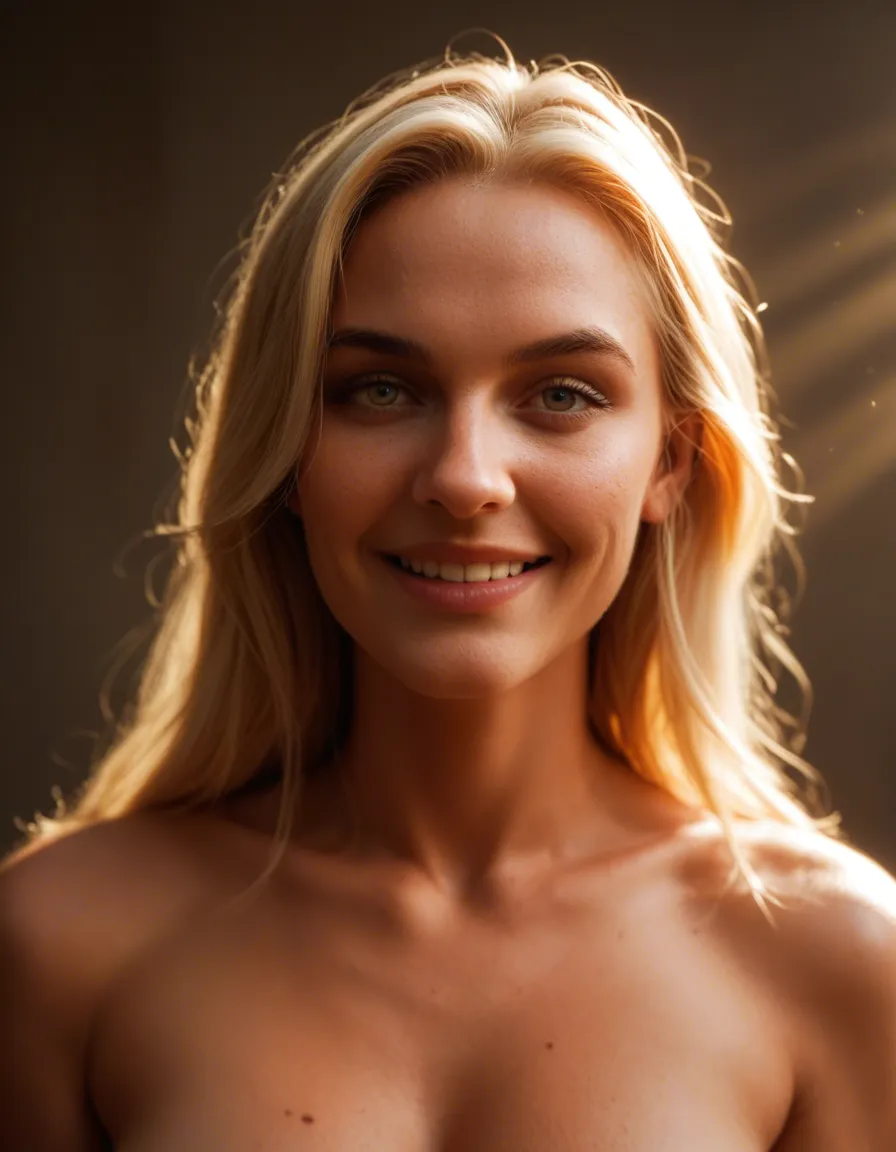 buffy's face, strikingly beautyfull, radiant complexion, backlighting, blonde_hair, naked, smile, 18yo, score_9, score_8, candid photo, realistic skin texture, visible skin pores, film grain, depth of field