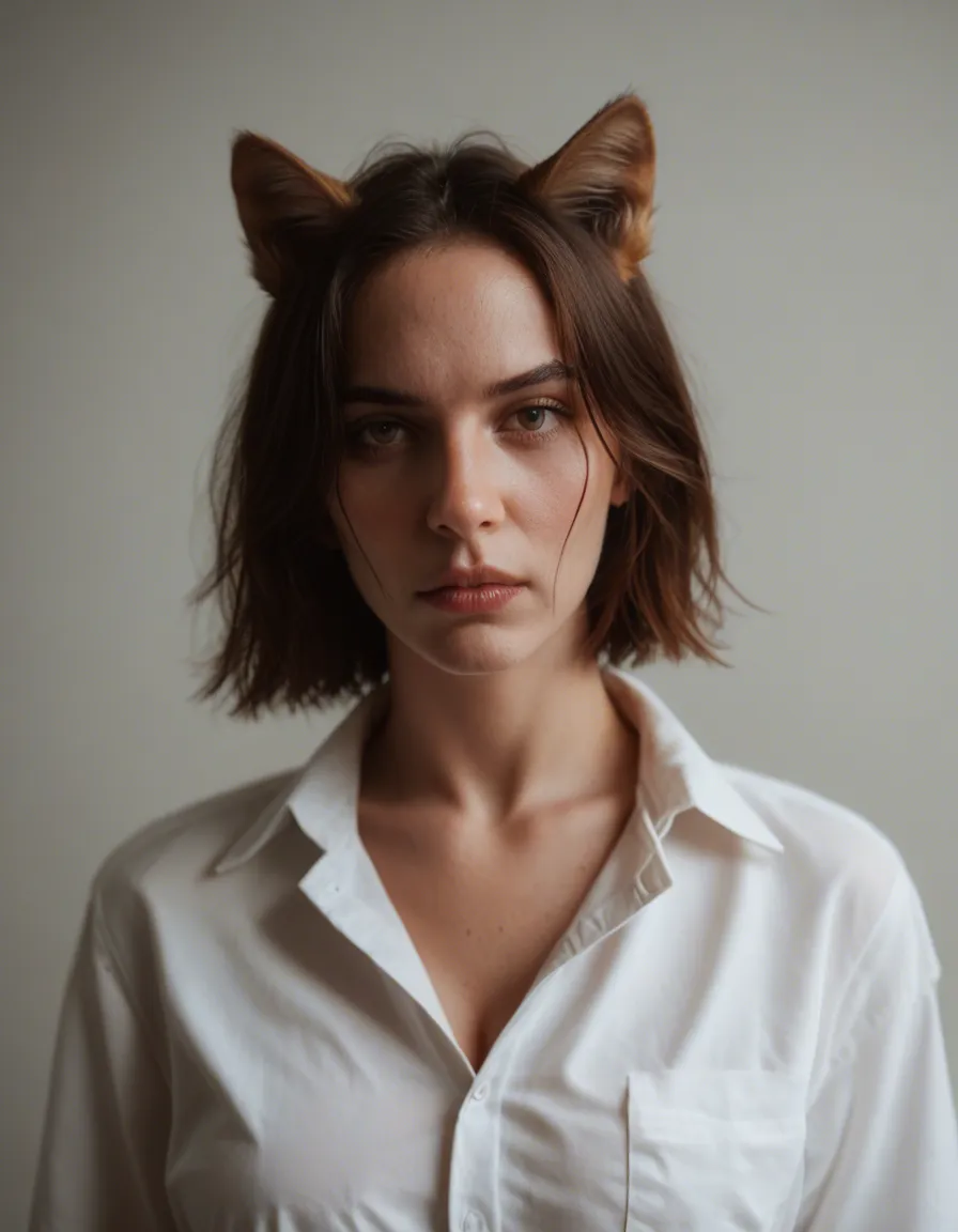 dslr, film grain, photorealistic, 1woman, animal ears, collared shirt, bondage, depth of field, three-quarter view, studio photo, score_9, score_8, candid photo, realistic skin texture, visible skin pores, film grain, depth of field