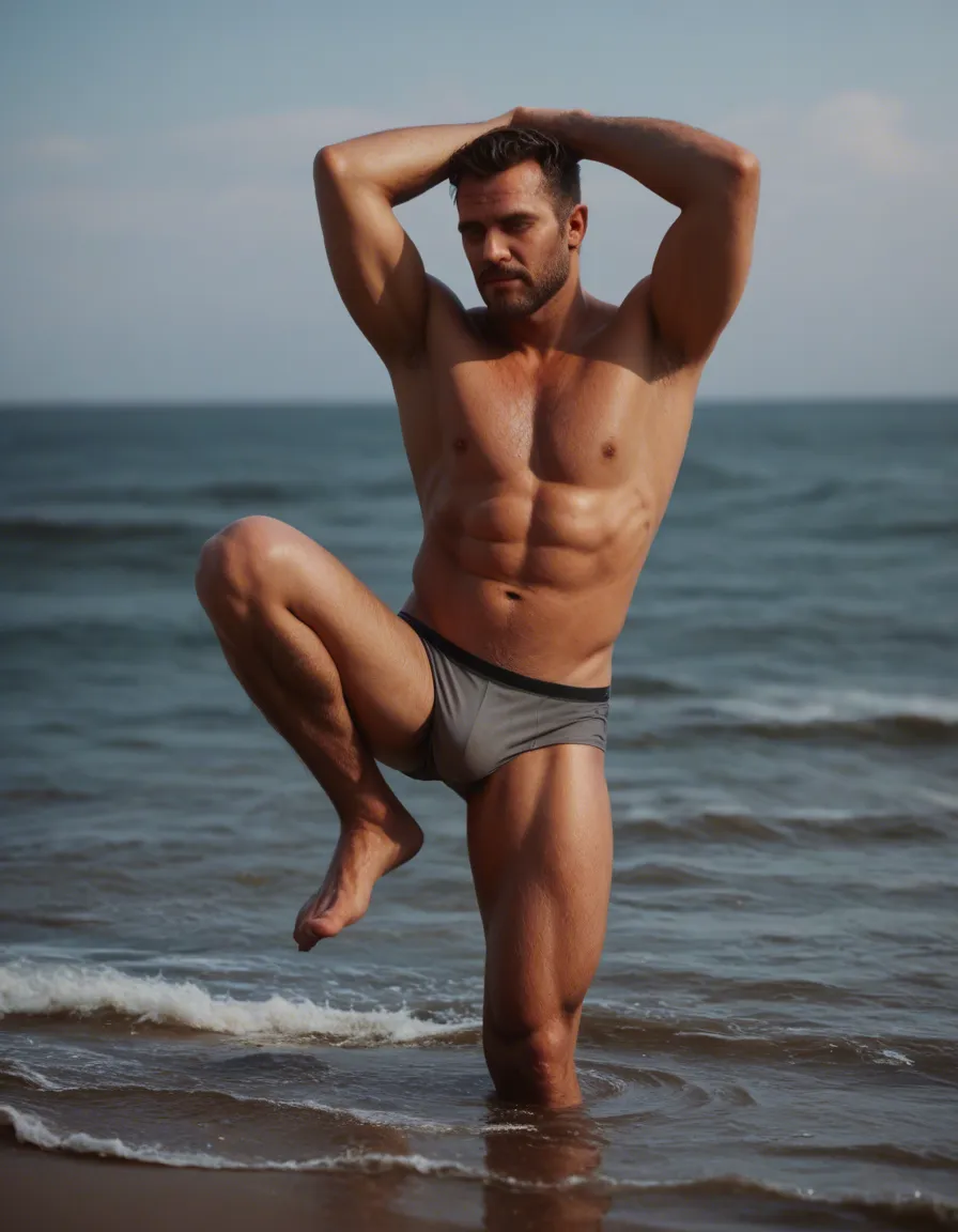 cinematic photo, 8k, 1boy, arms up, underwear, leg up, water, extreme close-up, hyperrealistic,russian man, 40 years old, score_9, score_8, candid photo, realistic skin texture, visible skin pores, film grain, depth of field