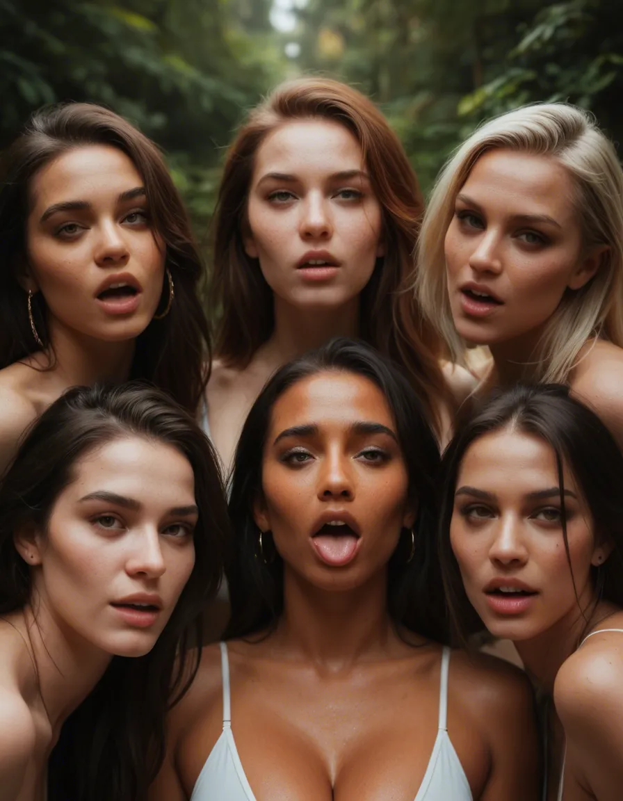 ultra HD, lifelike, 5women, ahegao, cleavage, tender moment, natural skin texture, score_9, score_8, candid photo, realistic skin texture, visible skin pores, film grain, depth of field