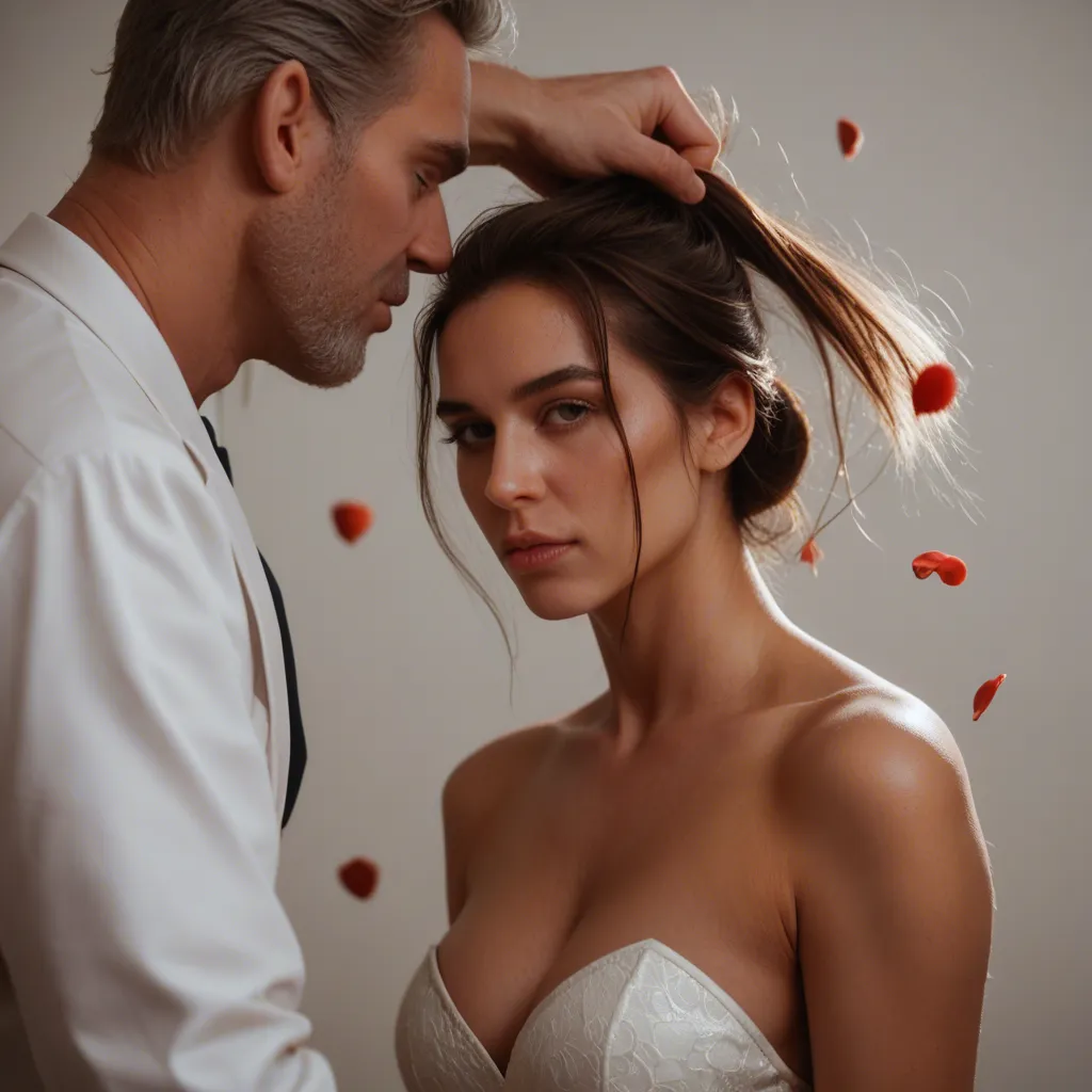 professional photo, high detail, couple, bare arms, white gloves, hair pull, petals, hyperrealistic