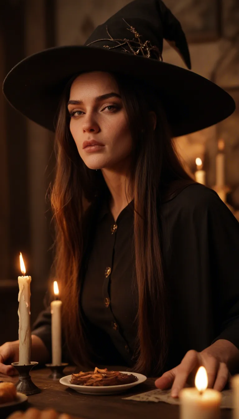 studio quality, sharp focus, witch, very long hair, food, cumshot, candlelight, dslr quality