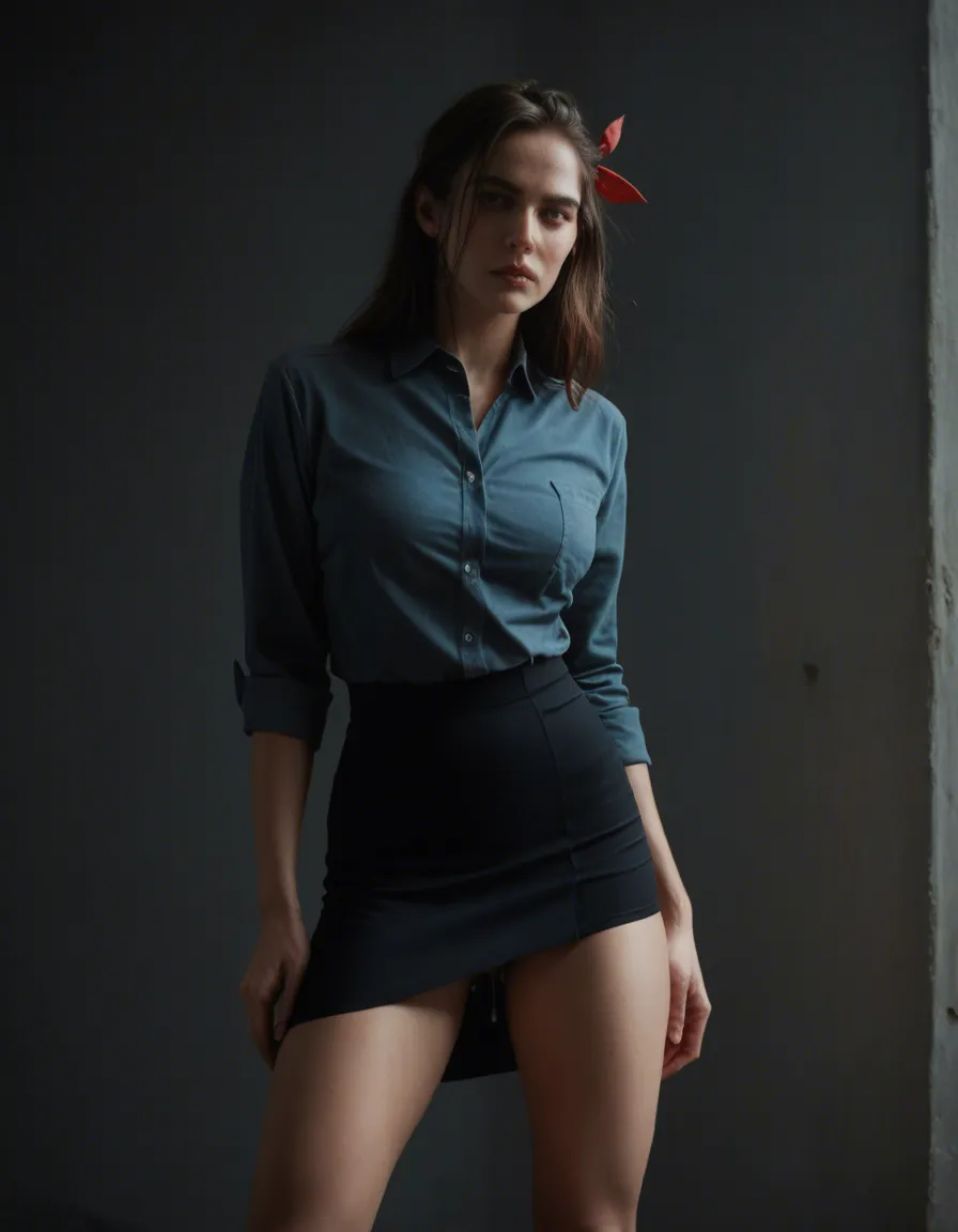dslr, film grain, photorealistic, demon woman, hair ribbon, skirt, creampie, rim light, natural skin texture, score_9, score_8, candid photo, realistic skin texture, visible skin pores, film grain, depth of field