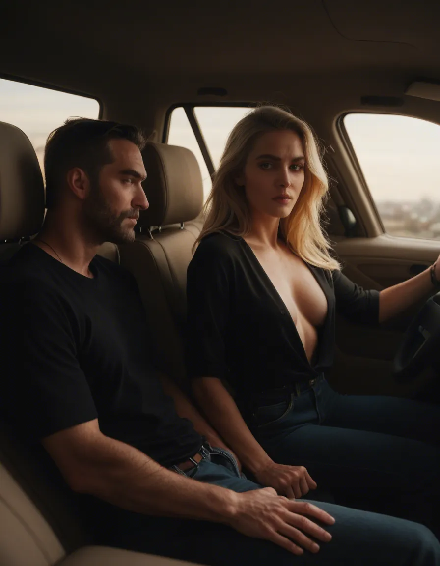 blonde woman in 3some with 2 younger men in backseat of car, score_9, score_8, candid photo, realistic skin texture, visible skin pores, film grain, depth of field