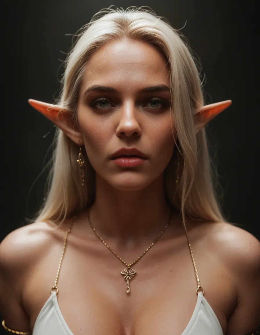 sharp focus, 8k uhd, elf woman, jewelry, bondage, volumetric light, film photography, score_9, score_8, candid photo, realistic skin texture, visible skin pores, film grain, depth of field