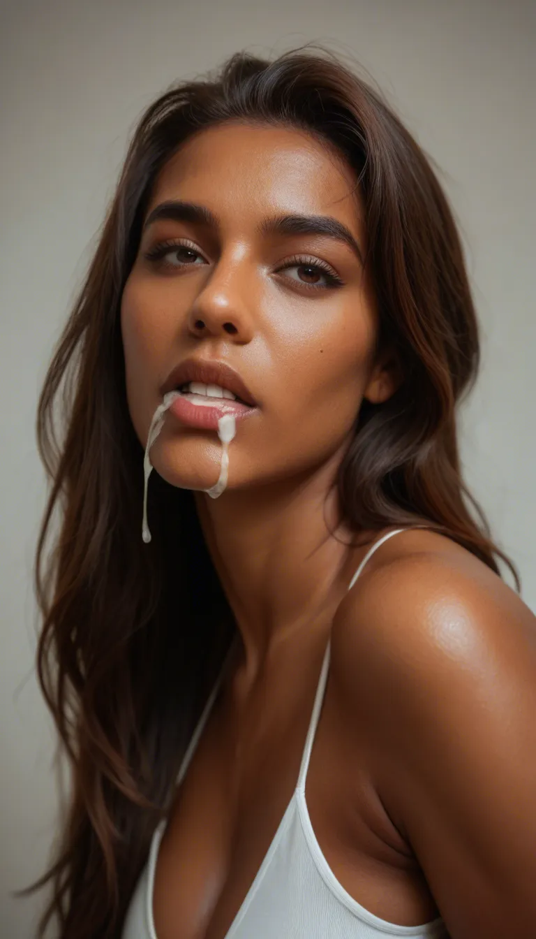Beautiful curvy, caramel skinned ebony woman jerks a load of cum into her mouth, smiles and then swallows it all.