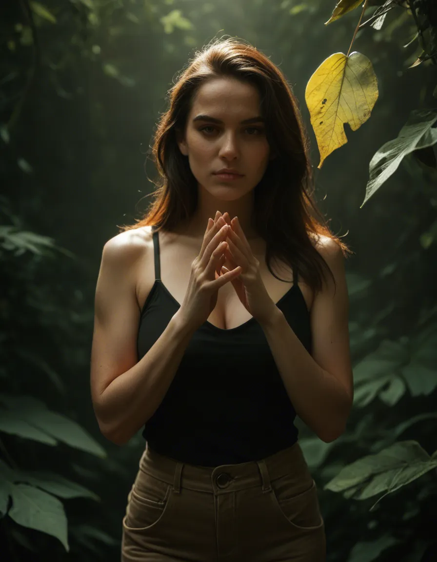 studio quality, sharp focus, witch, hands up, pants, holding, fully nude, leaf, dutch angle, backlit, studio photo, score_9, score_8, candid photo, realistic skin texture, visible skin pores, film grain, depth of field