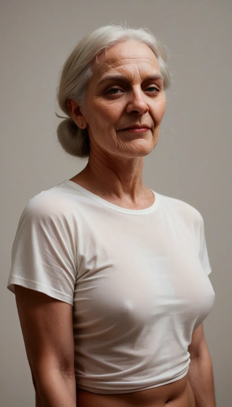 plump granny, bobbed short blond hair, takes off shirt to show her small saggy tits