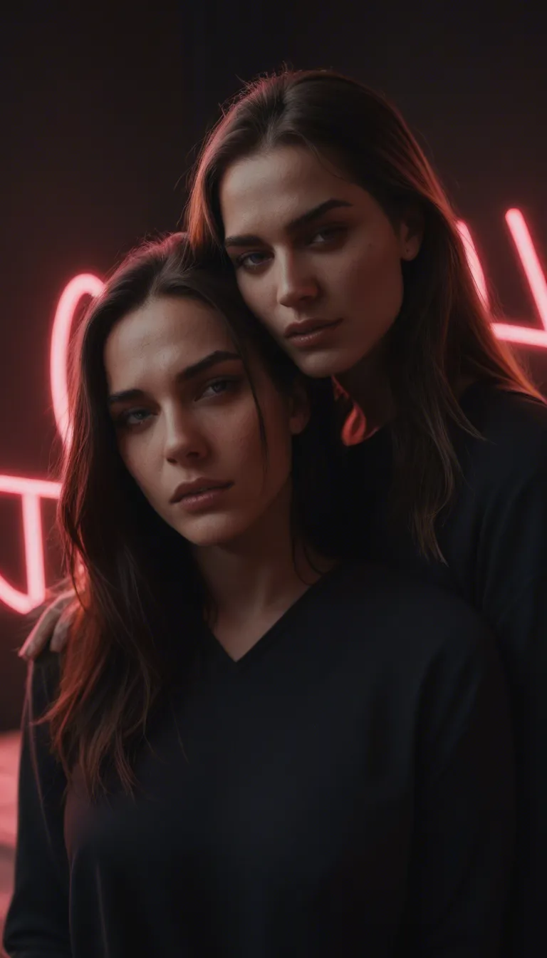 ultra HD, lifelike, 2girls, long sleeves, futanari, neon glow, cinematic realism