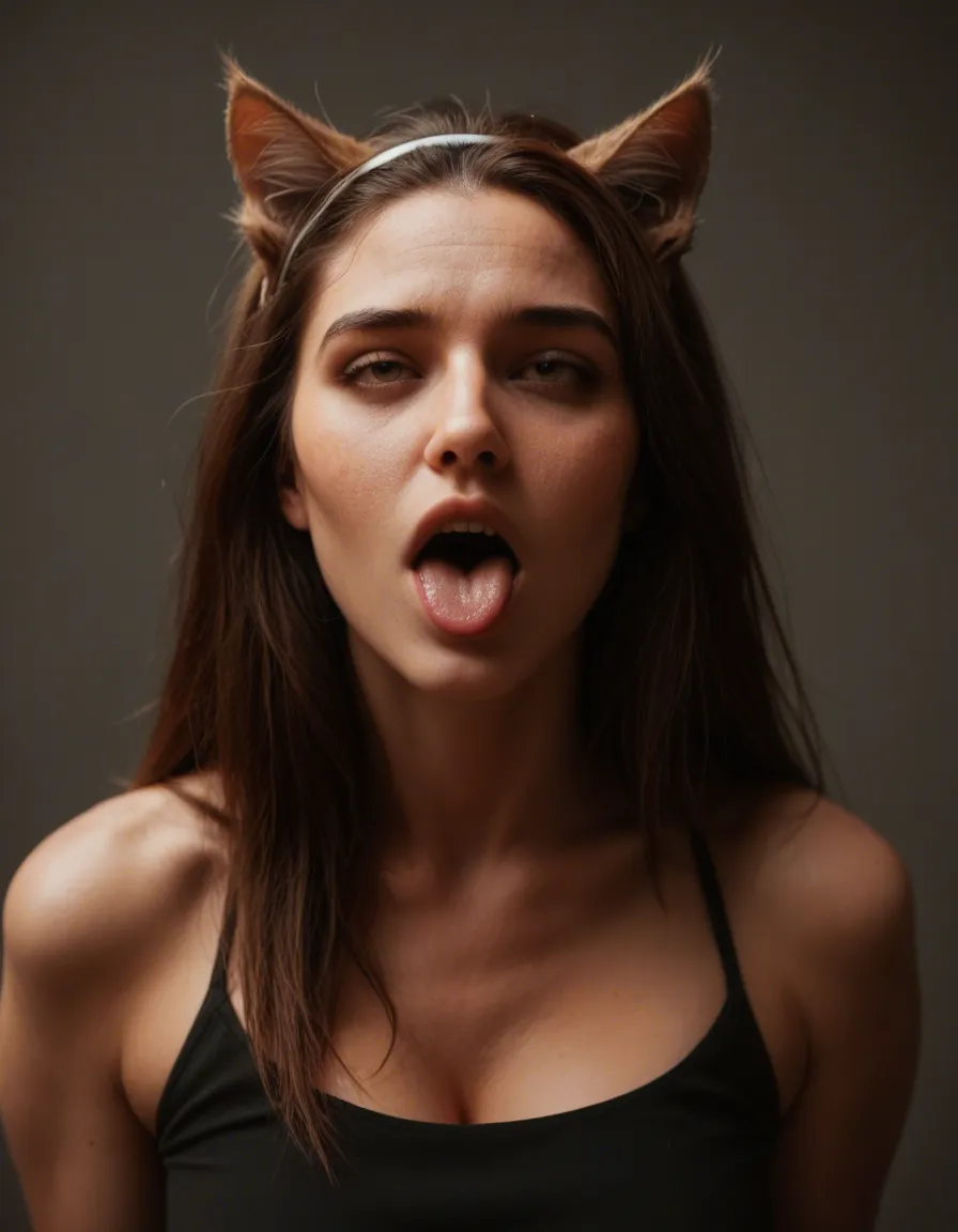 best quality, hyperrealistic, catgirl, hairband, black skirt, ahegao, backlit, lifelike render, score_9, score_8, candid photo, realistic skin texture, visible skin pores, film grain, depth of field