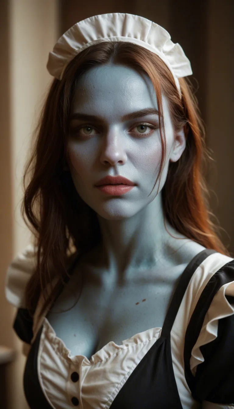 studio quality, sharp focus, portrait, maid, presenting, colored skin, natural skin texture