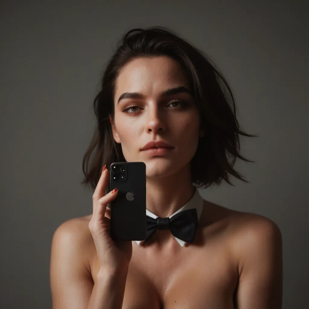 8k, sharp focus, detailed skin, demon girl, bowtie, fully nude, warm tones, cinematic realism