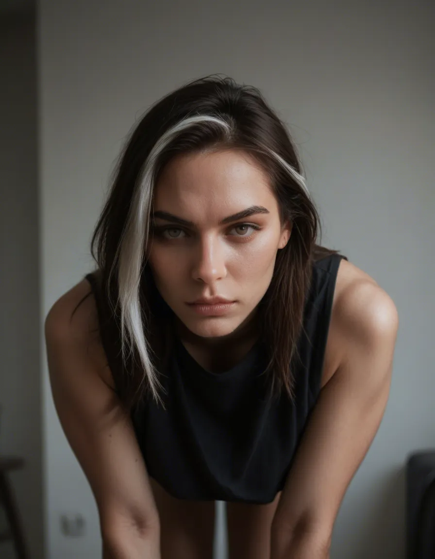 RAW photo, ultra realistic, solo, streaked hair, shirt, bent over, 8k uhd photo, score_9, score_8, candid photo, realistic skin texture, visible skin pores, film grain, depth of field