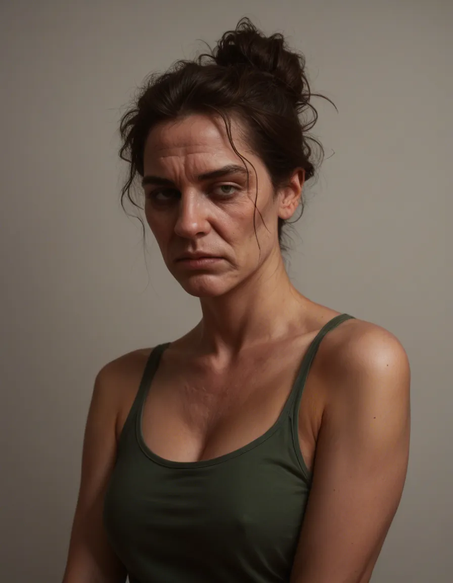 Photorealistic photo of a plain, unattractive Italian woman in her early 50s, typical neglected housewife. Tired face with wrinkles, slight double chin, uneven skin, no makeup, messy greasy dark hair in a loose bun with several strands falling out. Heavier soft body with full belly, thick thighs and wide hips. Wearing slightly ill-fitting black bra and black panties, black sheer thigh-high stockings with lace tops, black high heels. She is on all fours in doggy style position on the floor of a cluttered messy living room, looking back over her shoulder directly at the camera with a tired, resigned and slightly willing expression. Soft natural light, realistic skin texture, intimate atmosphere, clothes and household mess scattered around.,highly detailed, realistic proportions, natural skin texture, score_9, score_8, candid photo, realistic skin texture, visible skin pores, film grain, depth of field