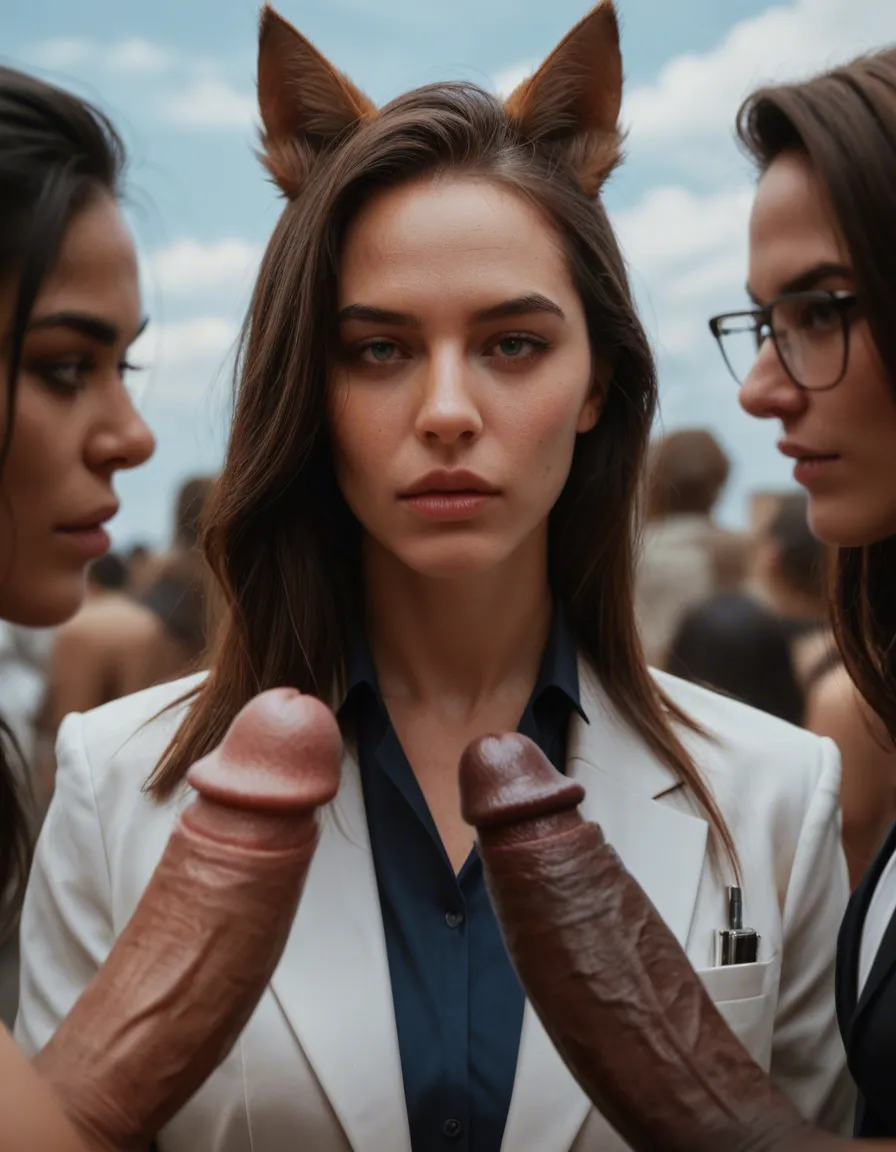 professional photo, high detail, portrait, 5women, futanari, animal ears, blue sky, natural skin texture, score_9, score_8, candid photo, realistic skin texture, visible skin pores, film grain, depth of field