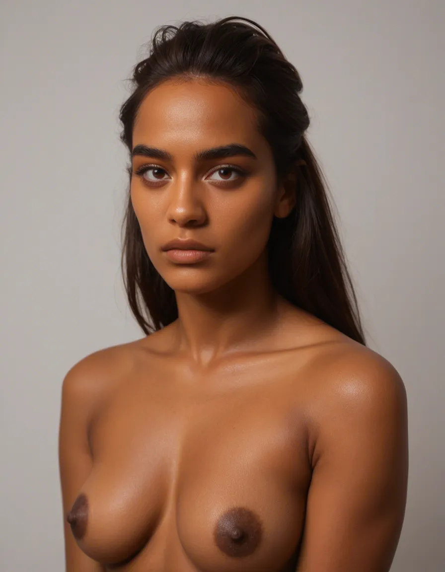 Naked Realistic head-and-shoulders portrait photograph of a young woman around 24 years old, mixed Latina/Mediterranean appearance, warm golden-olive skin, high rounded forehead, oval face with a softly pointed chin. Long, very dark espresso-brown hair, center-parted, in loose voluminous waves falling past the shoulders. Thick, full, dark arched eyebrows; dark brown almond-shaped eyes; straight nose;, score_9, score_8, candid photo, realistic skin texture, visible skin pores, film grain, depth of field
