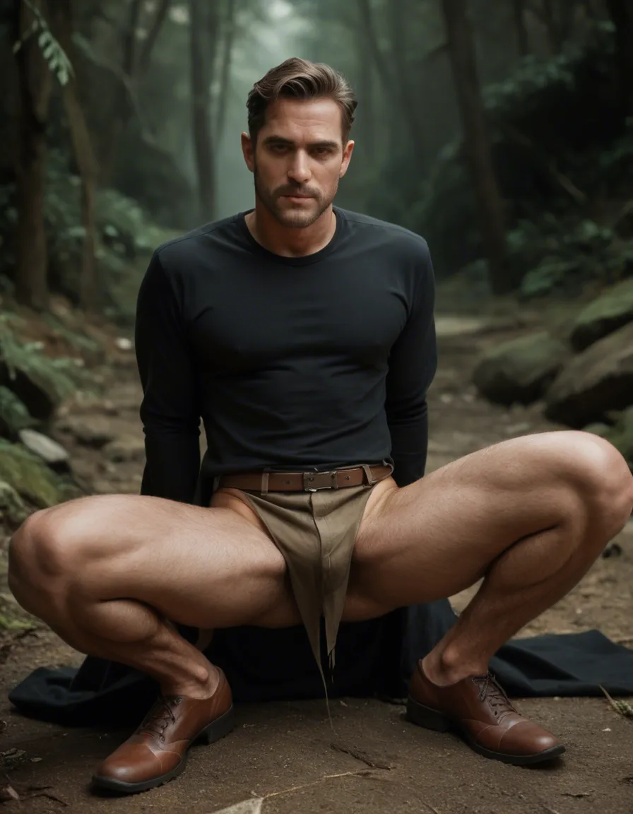 studio quality, sharp focus, male focus, spread legs, brown footwear, outdoors, photorealistic, score_9, score_8, candid photo, realistic skin texture, visible skin pores, film grain, depth of field