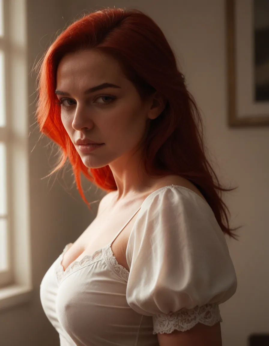 futanari, highly detailed, natural lighting, mature female, red hair, puffy sleeves, futanari, photorealistic, score_9, score_8, candid photo, realistic skin texture, visible skin pores, film grain, depth of field