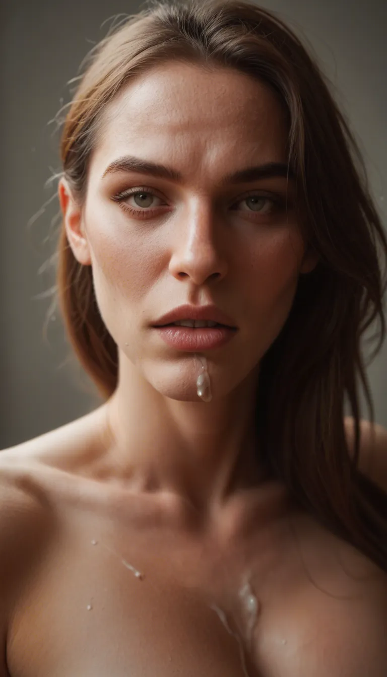 the whites of her eyes take over her blank and vacant expression when she has a most intense and pleasurable orgasm as she slobbers a slathering of cum onto her bosom while holding her breasts