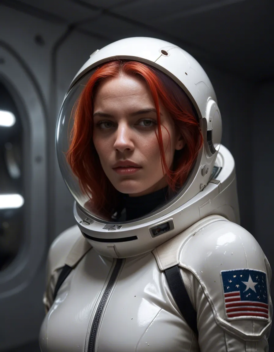 Red hair woman in white spacesuit astronaut skafander. Bondaged Into the comander seat on spaceship with alien small tentacles alien glue slime, score_9, score_8, candid photo, realistic skin texture, visible skin pores, film grain, depth of field
