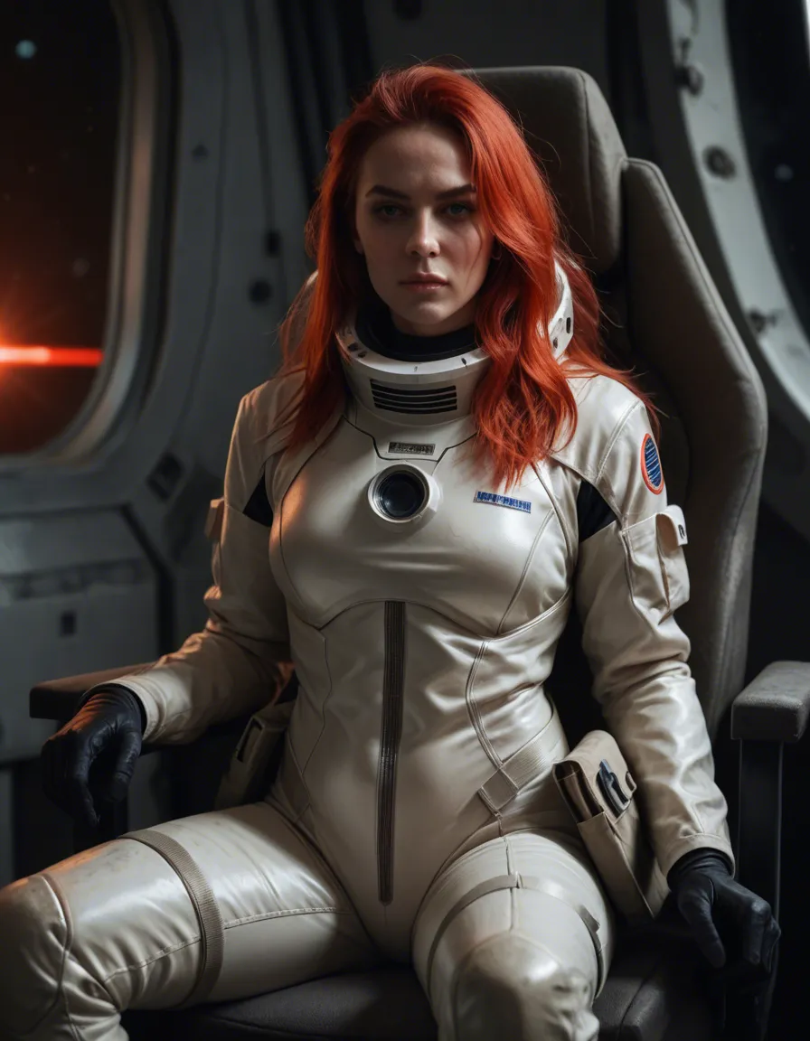 Red hair female astronaut in a red spacesuit sits in a chair with her legs spread touch her crouch, score_9, score_8, candid photo, realistic skin texture, visible skin pores, film grain, depth of field