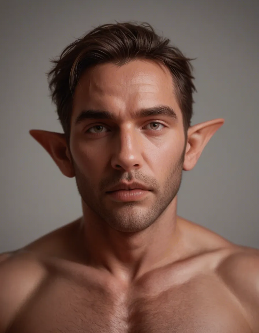 dslr, film grain, photorealistic, POV, male focus, presenting, pointy ears, simple background, dslr quality, score_9, score_8, candid photo, realistic skin texture, visible skin pores, film grain, depth of field