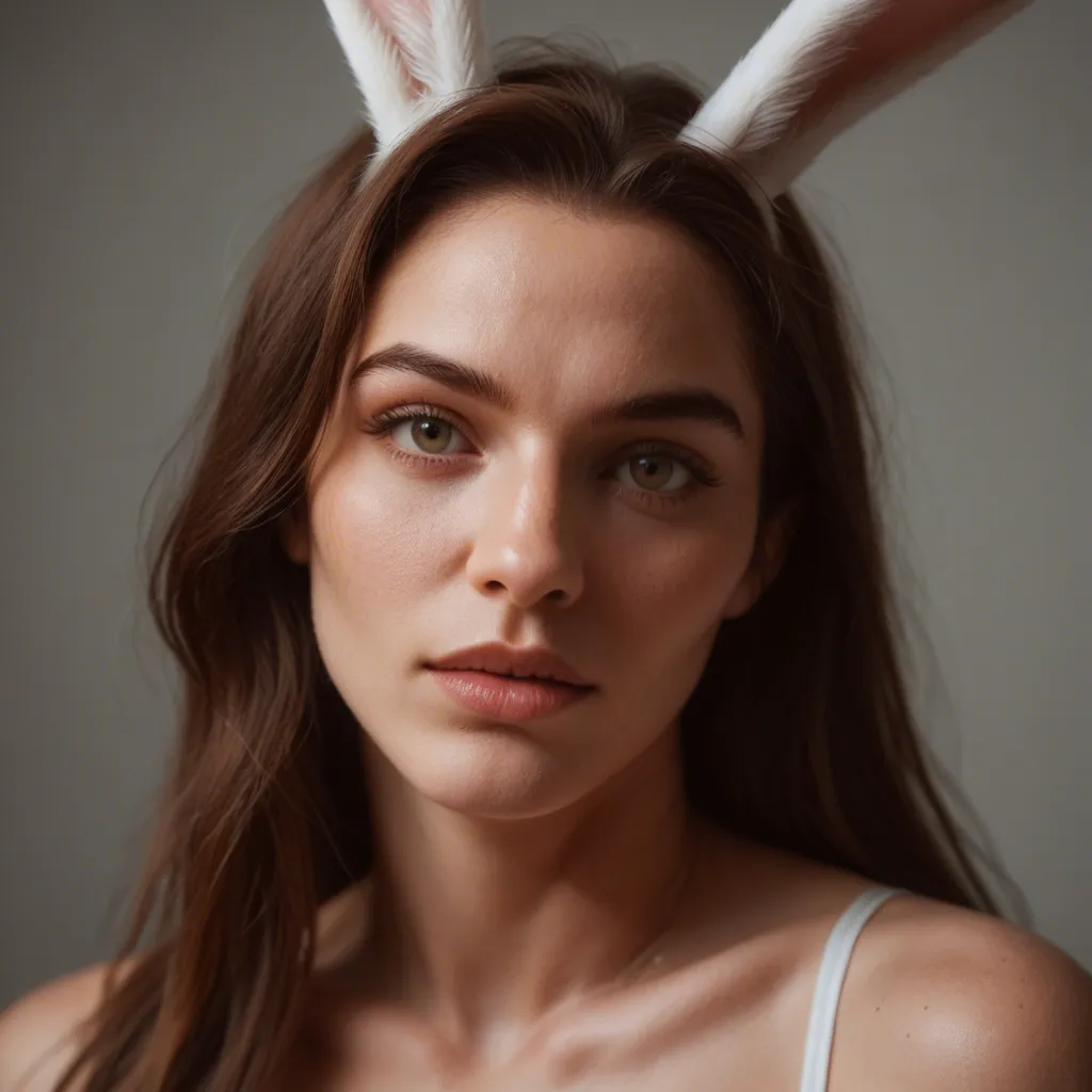 RAW photo, ultra realistic, bunny woman, bow, arching back, warm tones, lifelike render, cute
