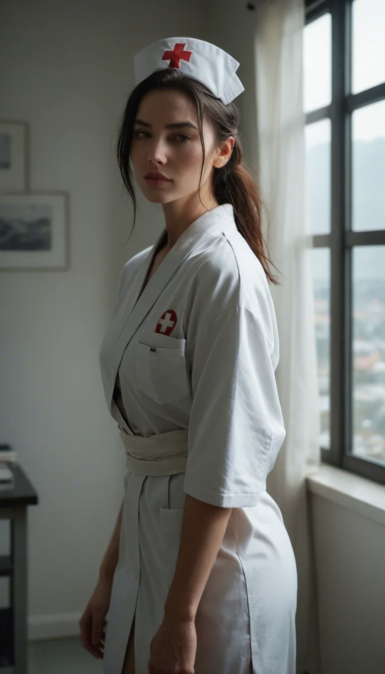 RAW photo, ultra realistic, nurse, japanese clothes, grinding, window light, studio photo