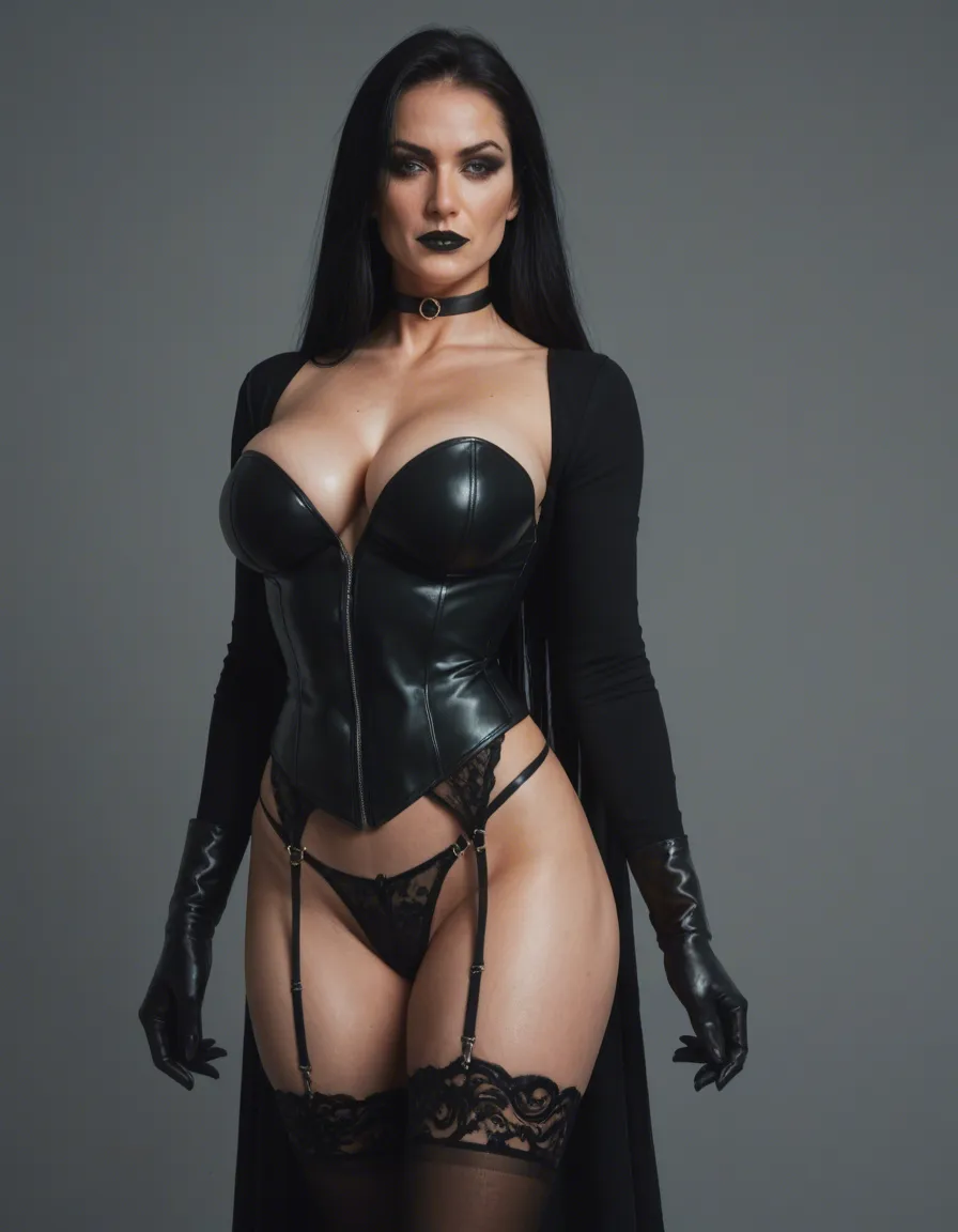 Stunning milf. Extremely long Black hair in 2 very long ponytails. Black Lipstick and makeup. Ample breasts. Dressed in a black pvc corset with garter belt and stockings. Thigh high black pvc stiletto boots. Black pvc gloves up to the elbow. Black choker around the neck, score_9, score_8, candid photo, realistic skin texture, visible skin pores, film grain, depth of field