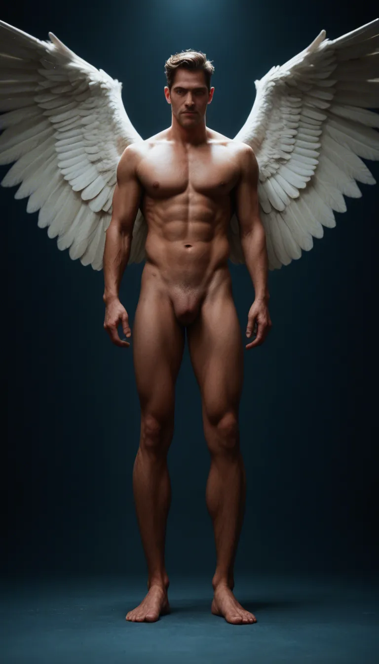 dslr, film grain, photorealistic, 1boy, feet, wings, topless, blue background, low angle, studio lighting, lifelike render
