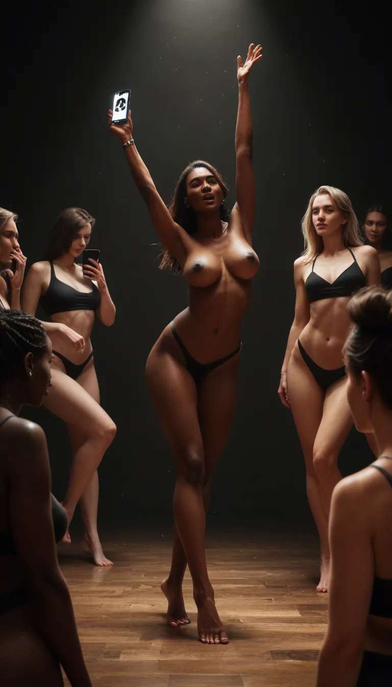 homemade, sharp, 6+girls, dancing, bouncing breasts, dark skin, tender moment, cloud, homemade aesthetic